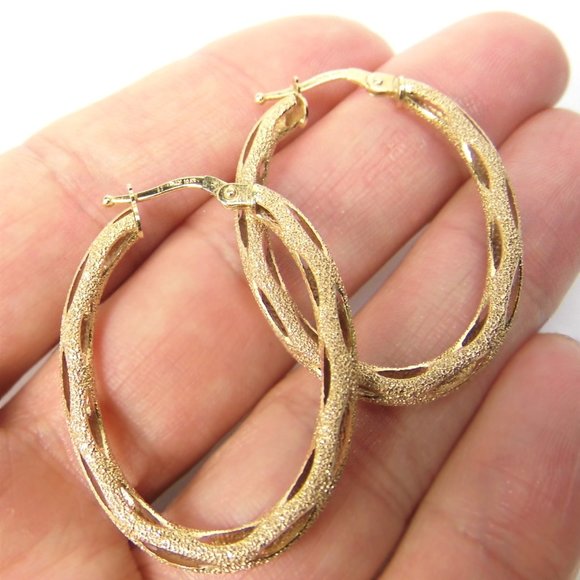 10K yellow GOLD Oval HOOP Cut out Earrings 1.25" - Picture 4 of 9